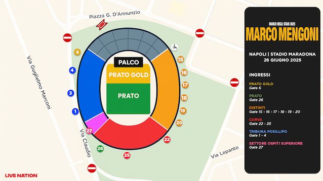 La mappa del Maradona di Napoli, con ingressi e botteghino, per il concerto di Marco Mengoni