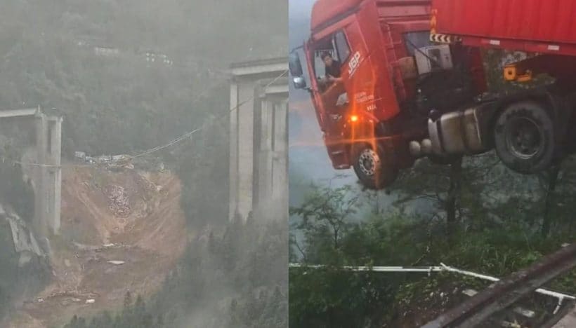 Il video del ponte crollato in Cina: camion sospeso nel vuoto, autista resta intrappolato nella cabina