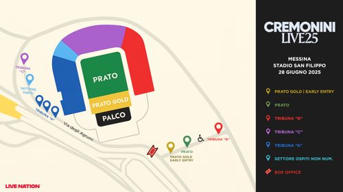 La mappa dello stadio Franco Scoglio di Messina per il concerto di Cesare Cremonini, 2025