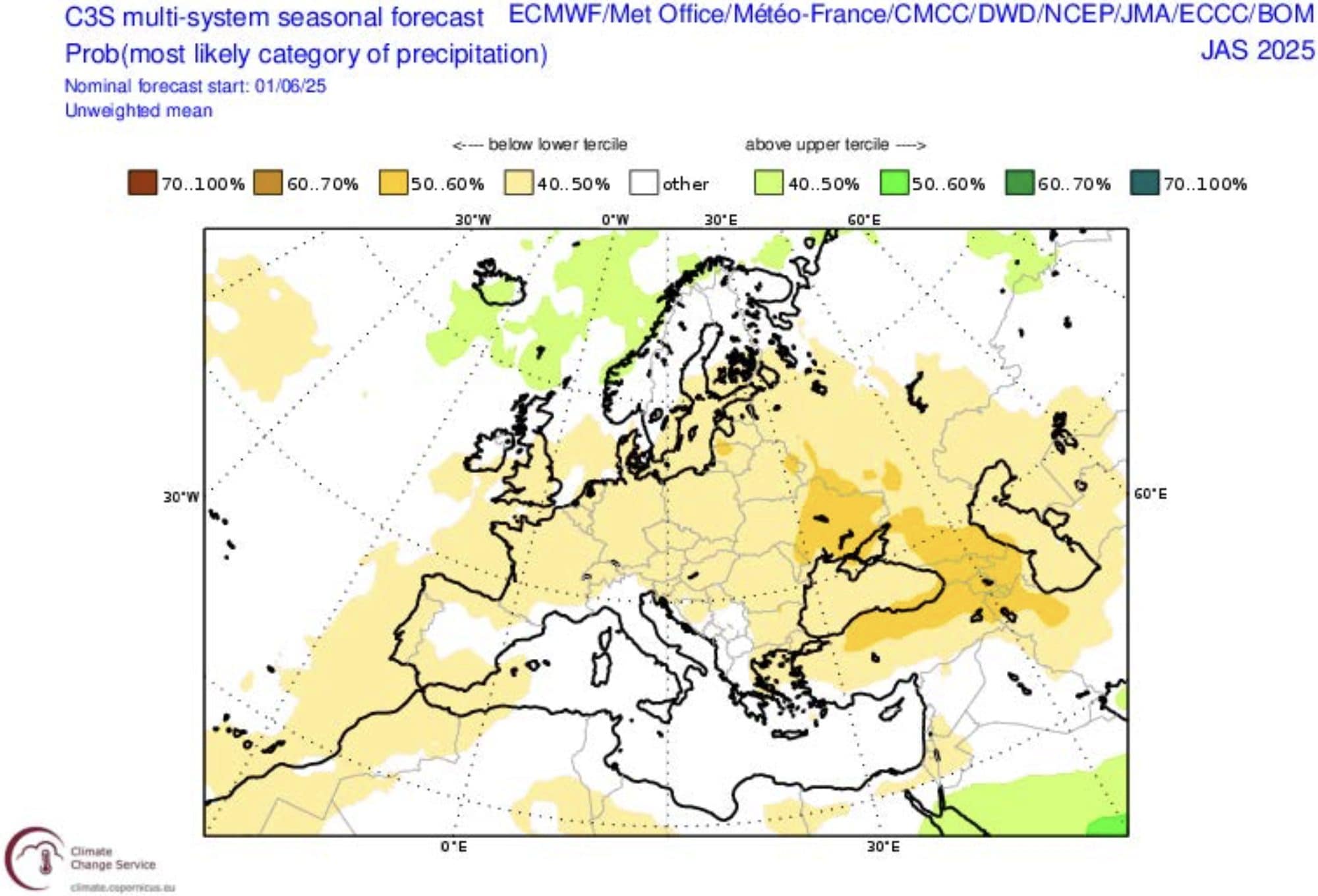 La previsione delle precipitazioni non mostrano segnali importanti che si discostano dalla media del periodo trimestrale, a eccezione delle regioni settentrionali dove si evidenziano eventi precipitativi lievemente al di sotto delle medie stagionali (Foto ECMWF)