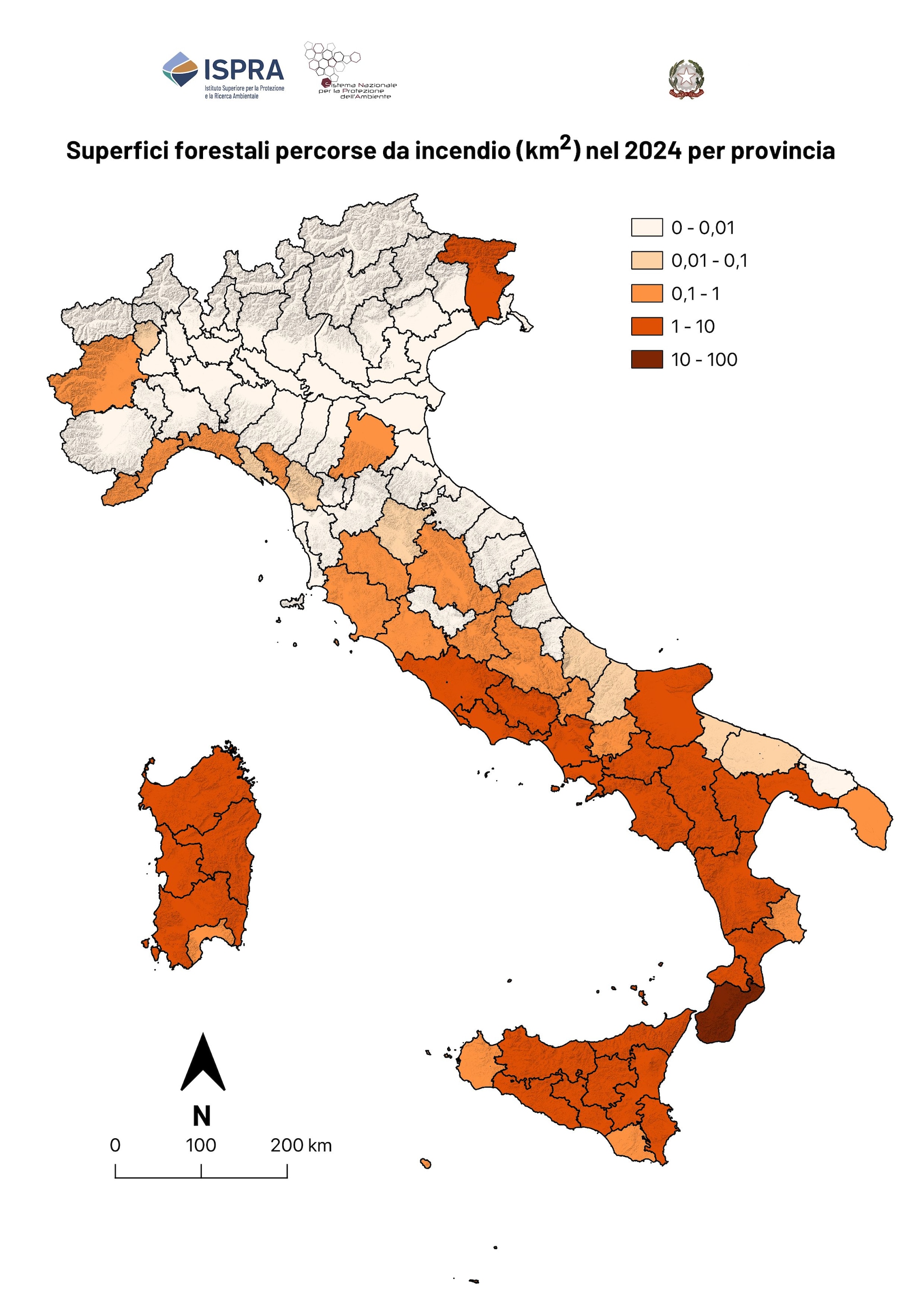 Stima delle superfici incendiate in Italia (Fonte: Ispra, anno 2024)