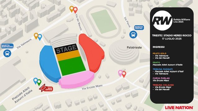 La mappa dello stadio Nereo Rocco per il concerto di Robbie Williams