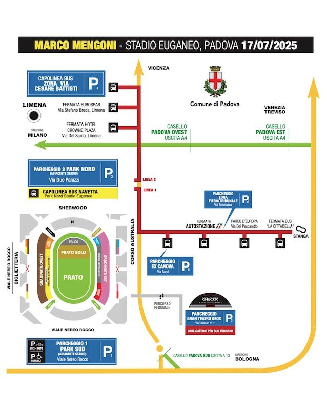 La mappa dello stadio Euganeo per il concerto di Marco Mengoni
