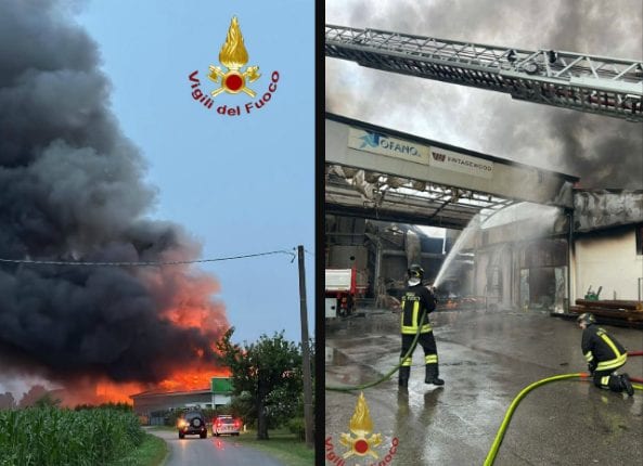 Maxi incendio a Treviso, fiamme a Cordignano: distrutte tre aziende, colonna di fumo altissima