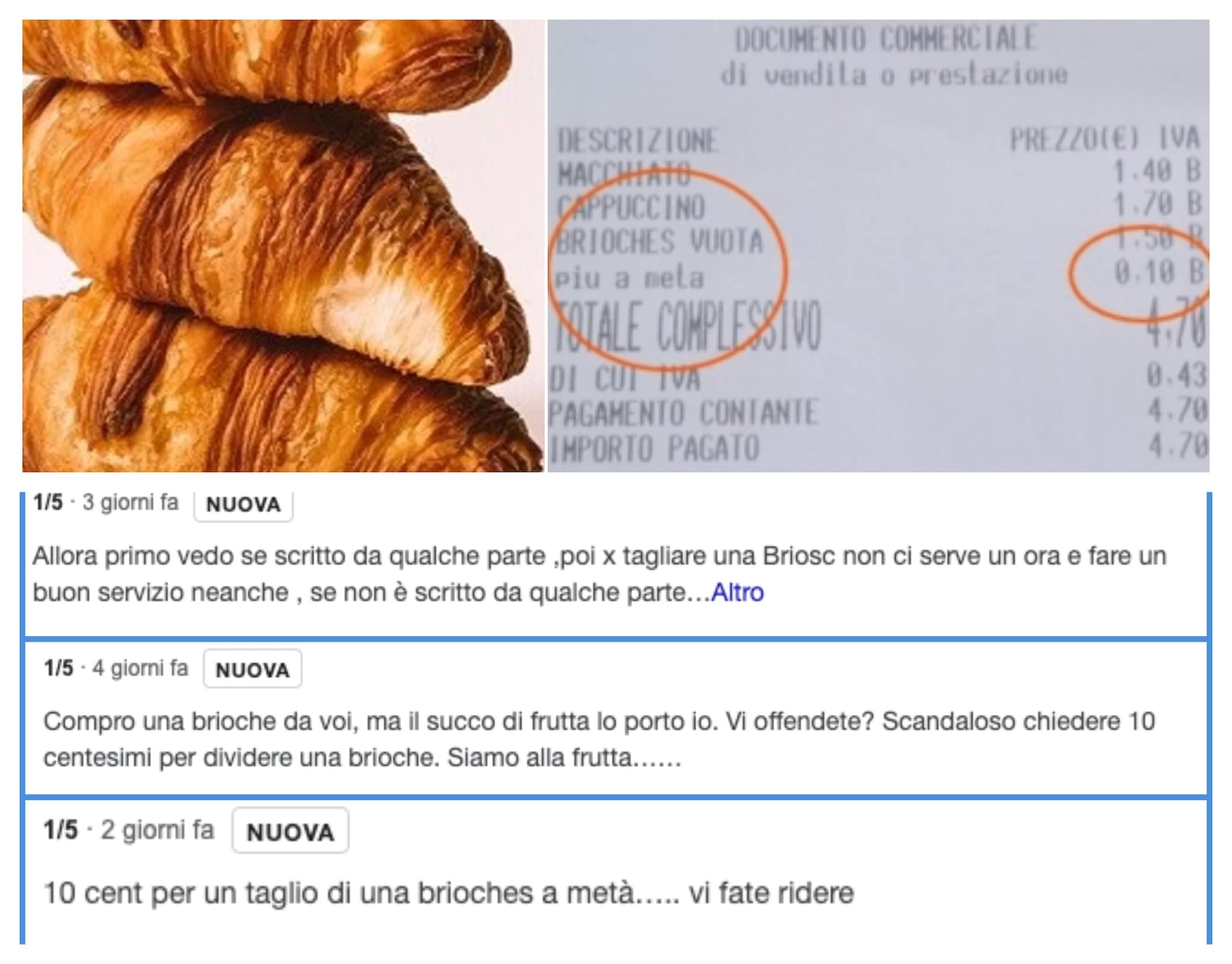 Dieci centesimi per tagliare la brioche a metà: bufera social per una pasticceria trevigiana