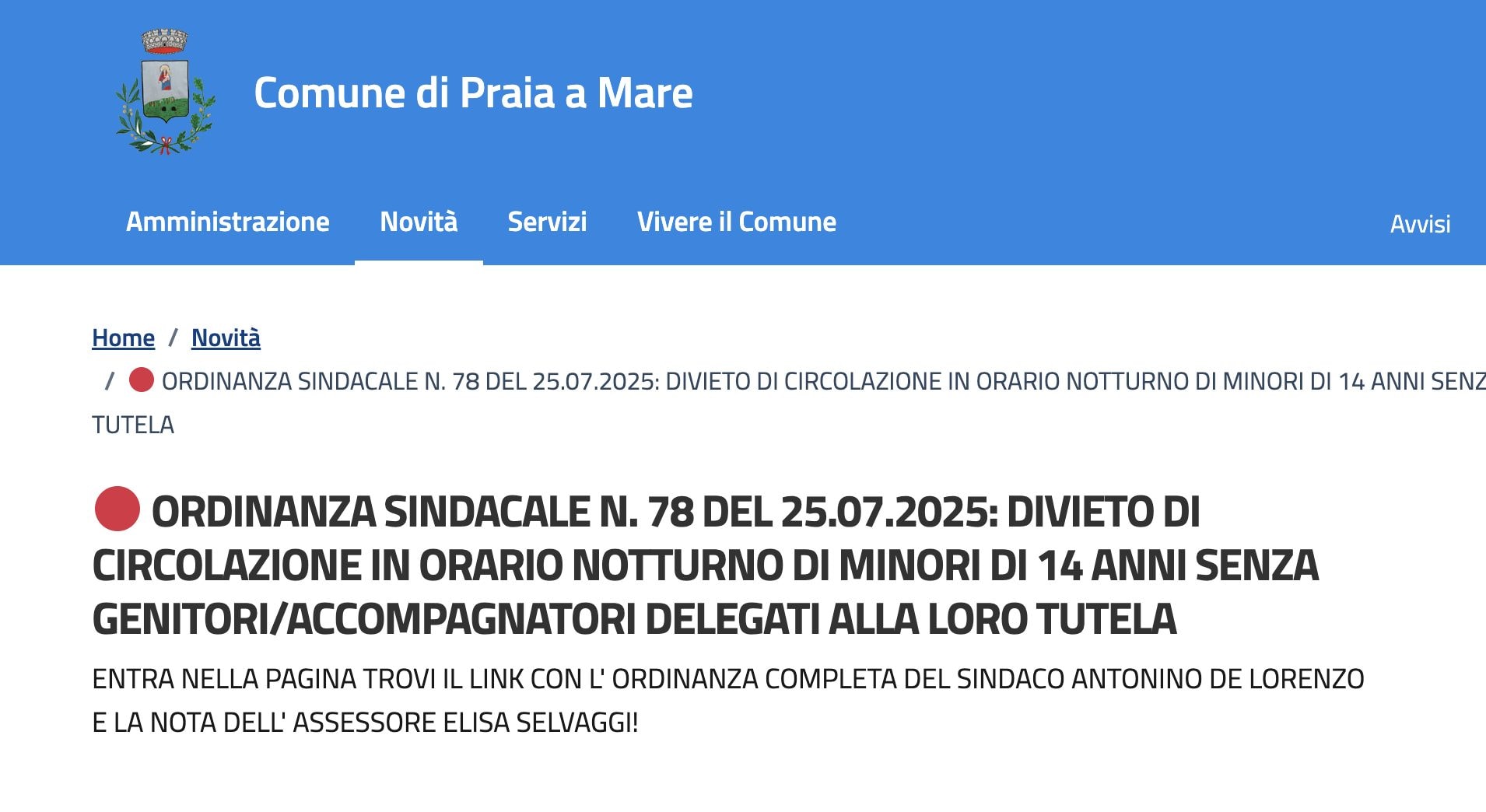 Dal sito del Comune di Praia a Mare.