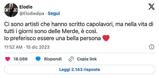 Il tweet polemico di Elodie