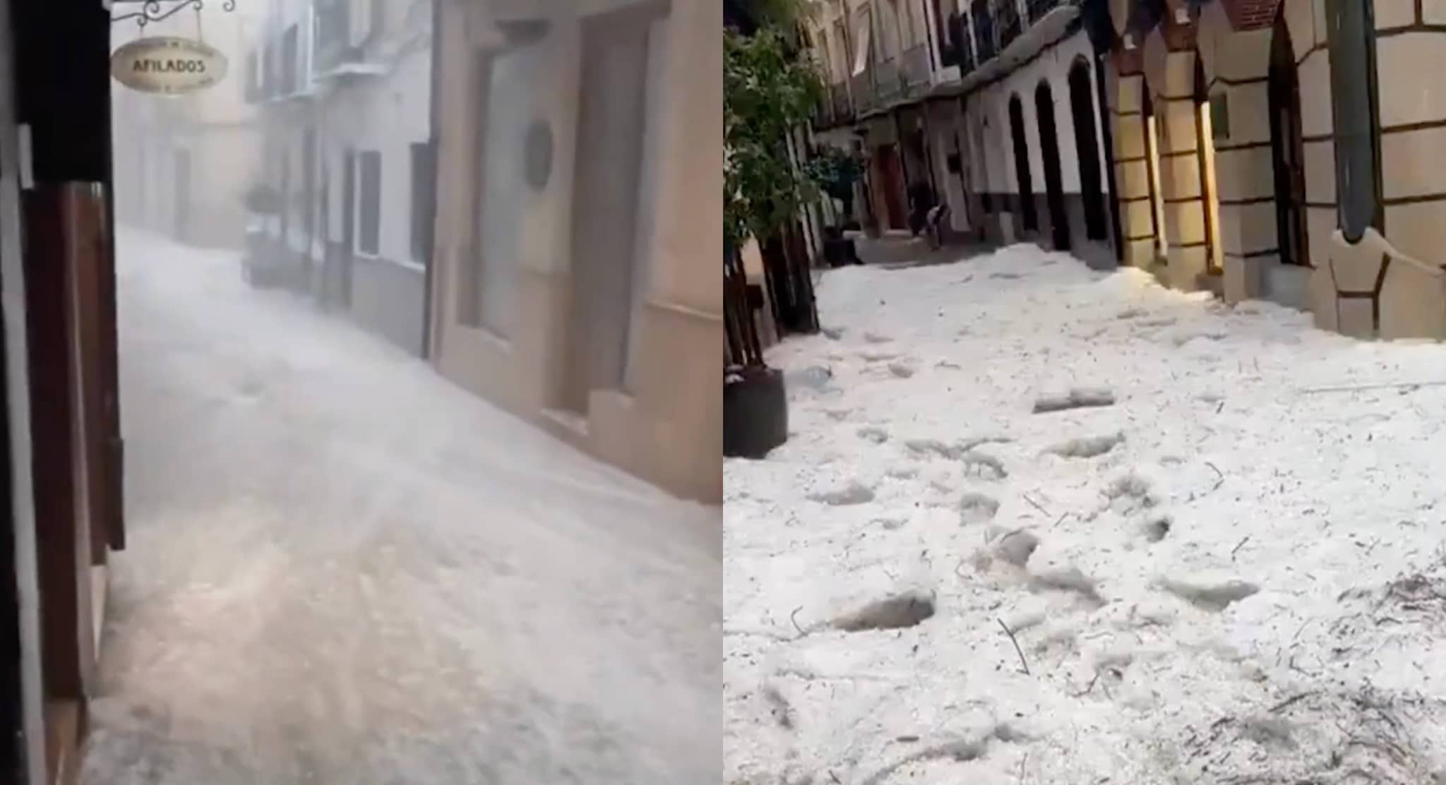 Strade come fiumi e città imbiancate dalla grandine, maltempo intenso in Spagna: le immagini