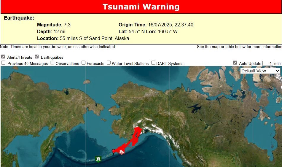 Terremoto in Alaska di magnitudo 7.3 con epicentro in mare: emessa allerta tsunami