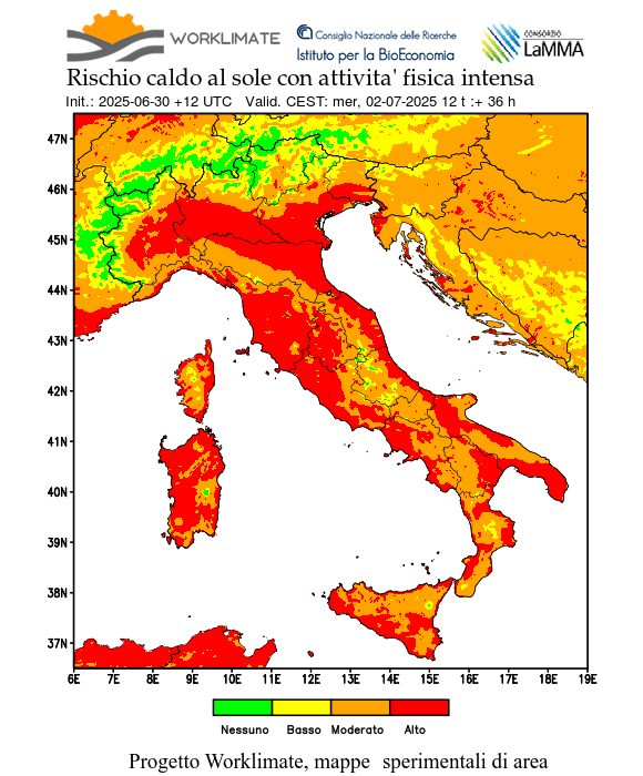 La mappa del rischio di Worklimate per il 2 luglio alle ore 12. Le zone rosse sono quelle dove il rischio è "alto".