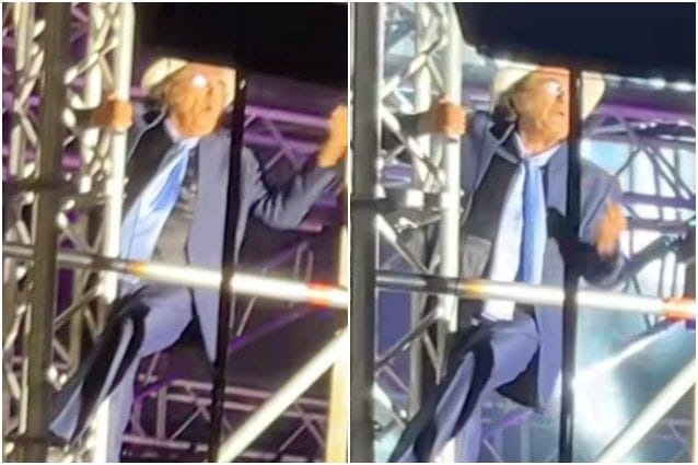 Al Bano si arrampica, a 82 anni, su un traliccio durante il suo concerto e diventa Tarzan e Spiderman sui social