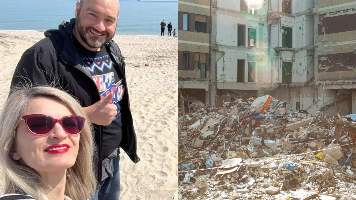 Da sinistra, Cinzia Di Bernardo e Renato Pelacani; la Casa dello Studente distrutta dal sisma de L’Aquila nel 2009.