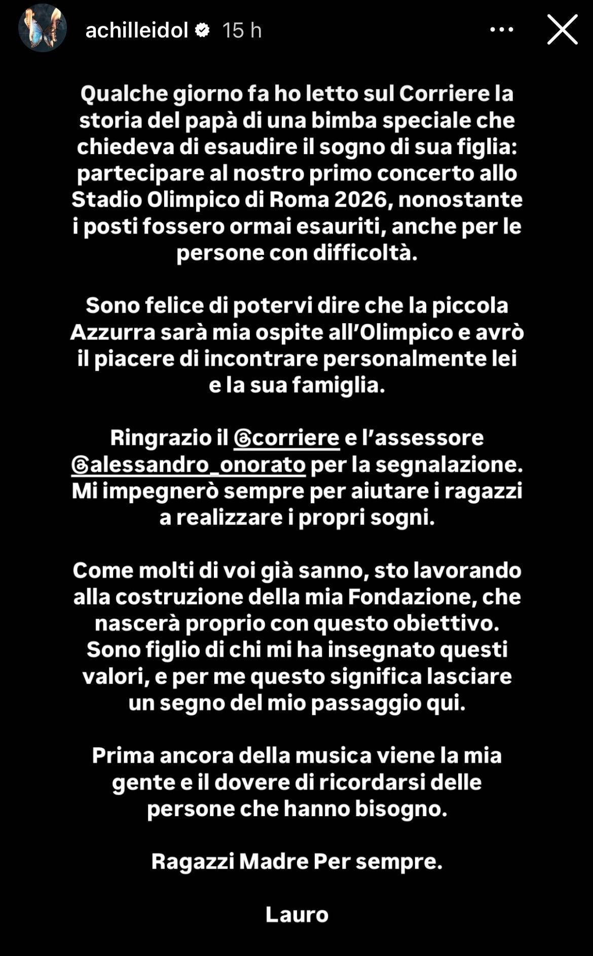 Achille Lauro, storia Instagram