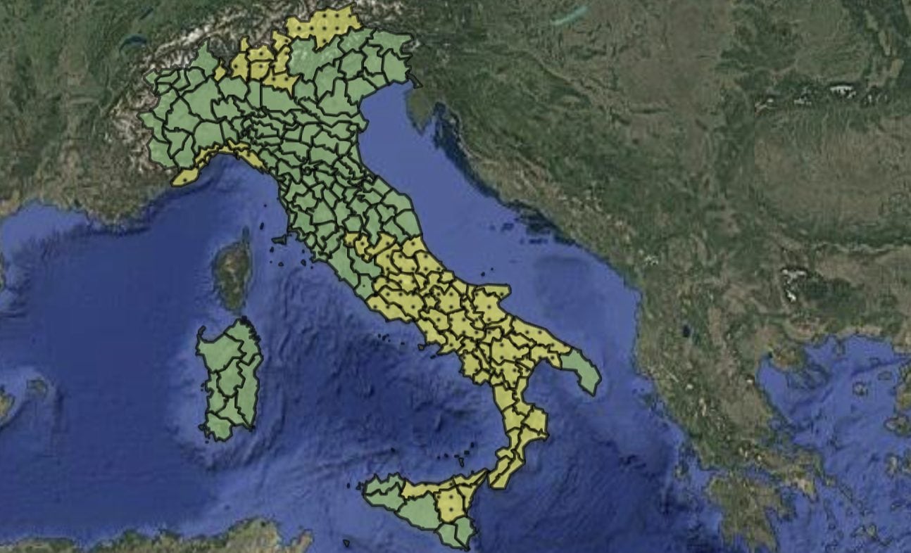 Le zone interessate dall’allerta della Protezione Civile.