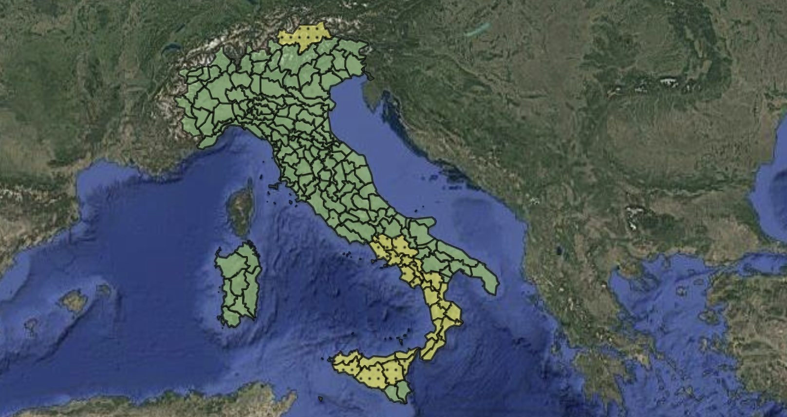 Le zone interessate dall’allerta meteo gialla della Protezione Civile.