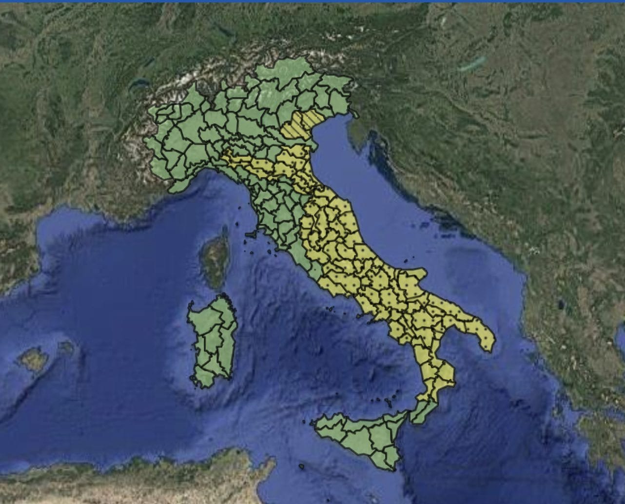 Le zone interessate dall’allerta della Protezione Civile.
