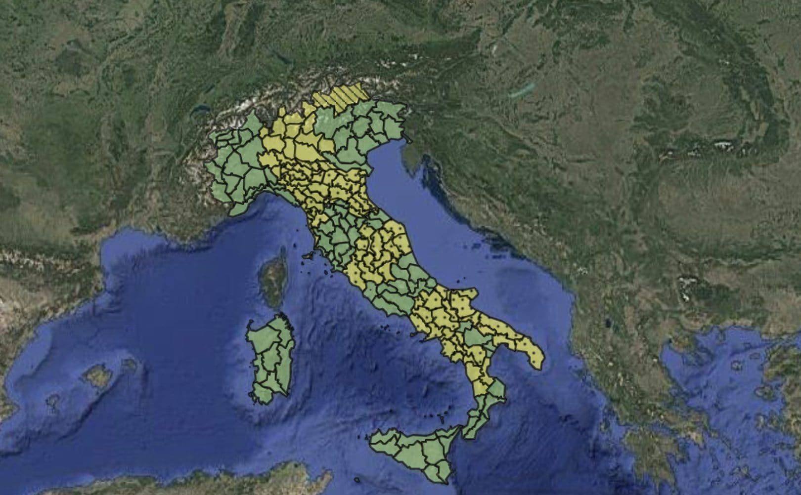 Le zone interessate dall’allerta della Protezione Civile.