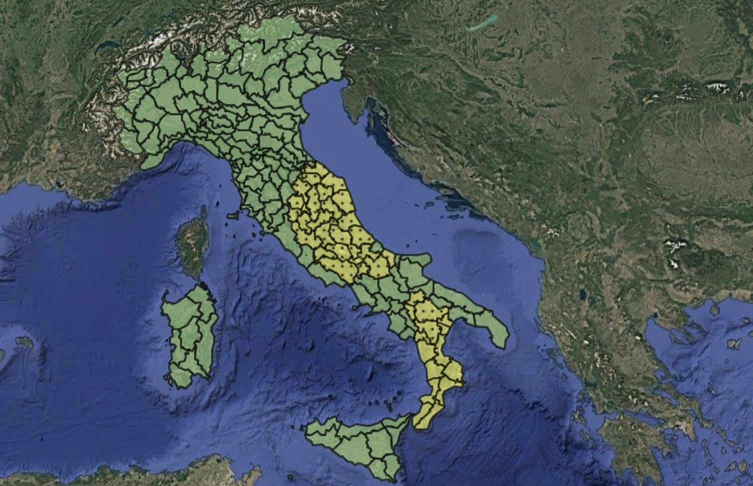 Le zone interessate dall’allerta della Protezione Civile.
