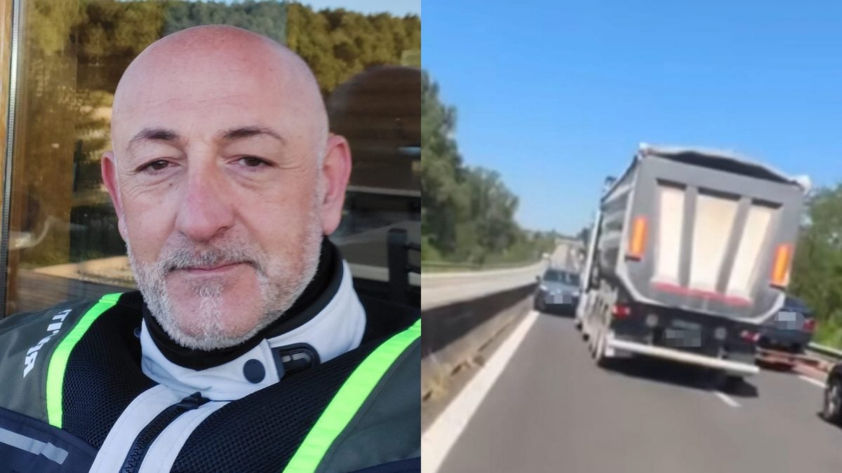 A sinistra, Andrea Petturiti; a destra, l’auto contromano bloccata dal suo camion.