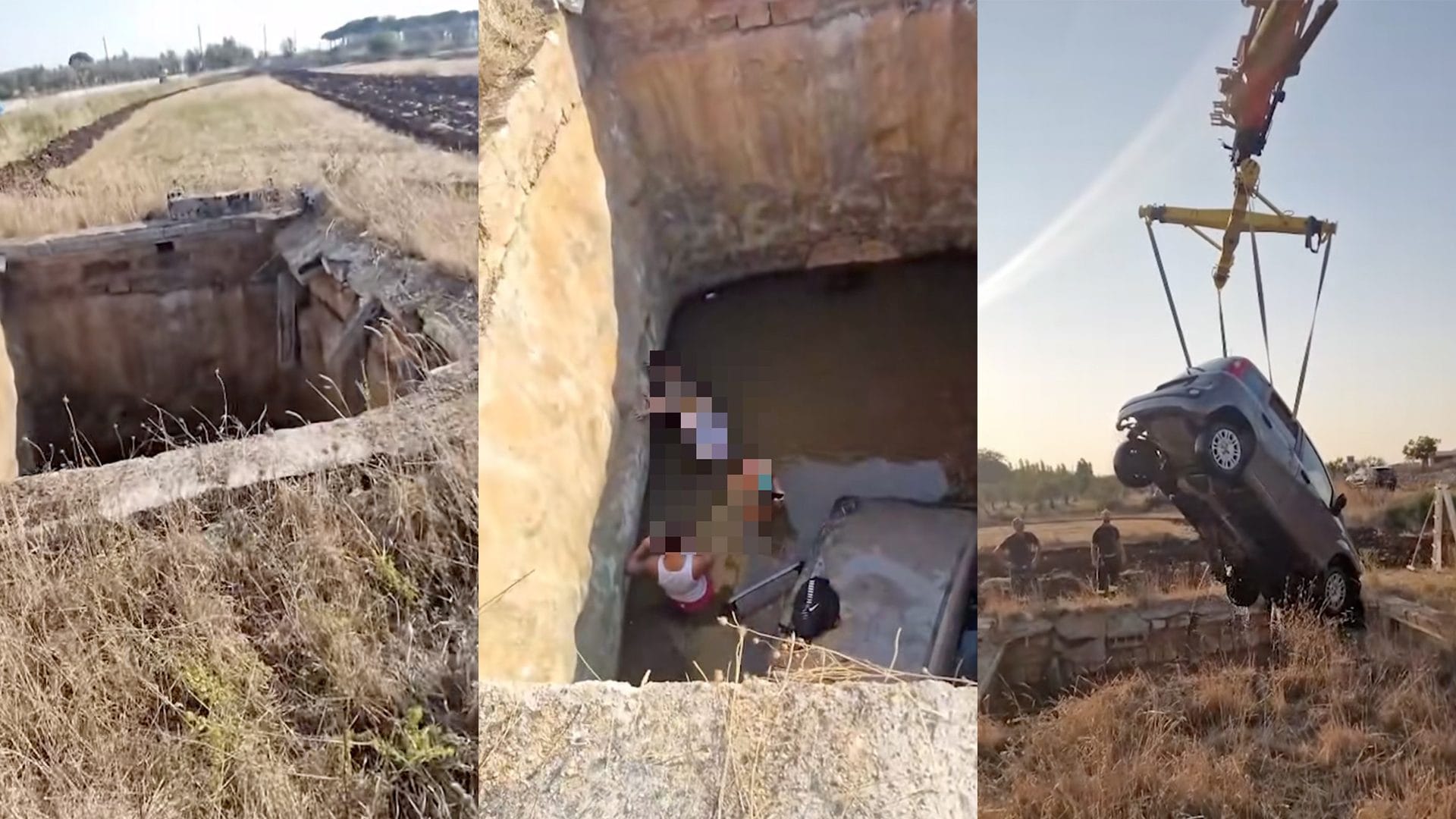 Finiscono con l’auto in una cisterna piena d’acqua: illesi i 4 ragazzi a bordo, recuperati con una gru
