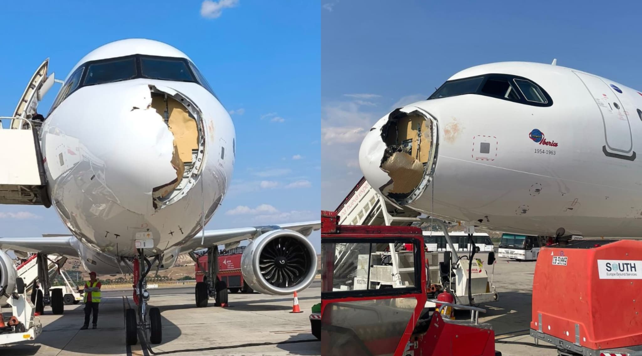 Atterraggio di emergenza a Madrid dopo l'impatto con un uccello: il video del muso dell'aereo distrutto