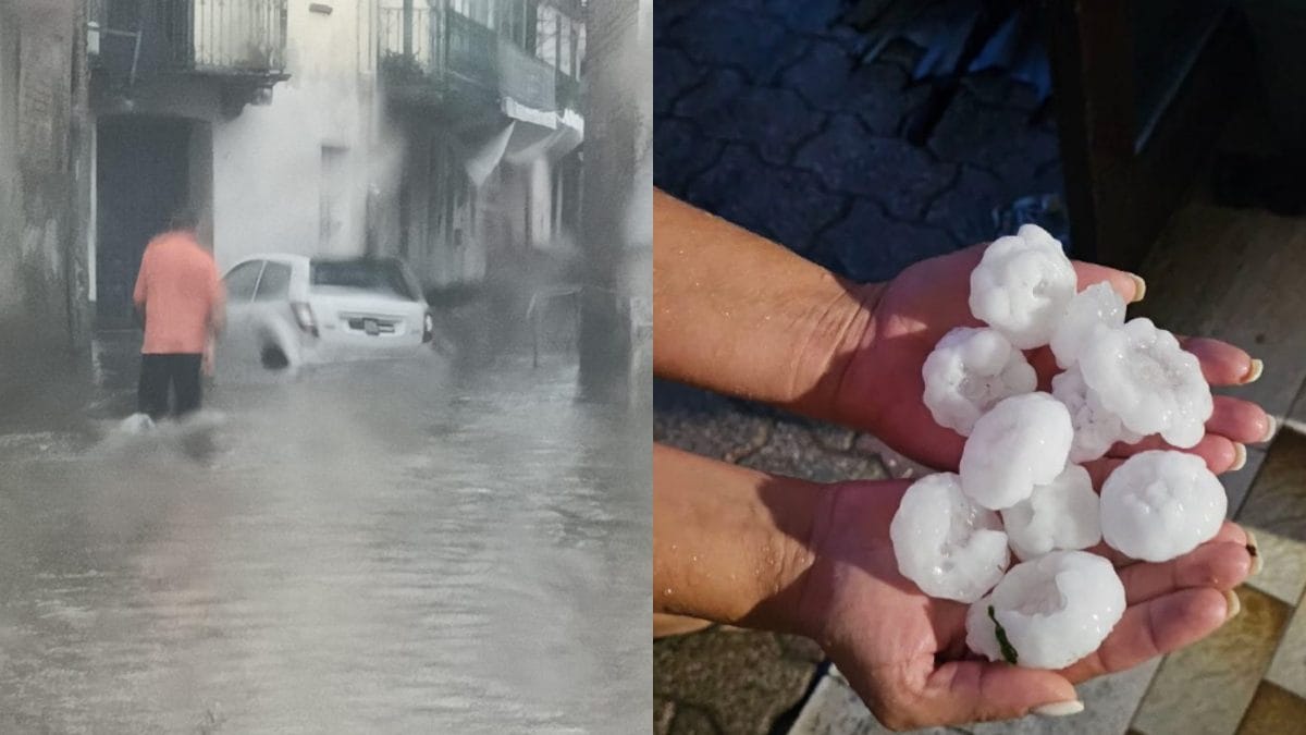 A sinistra, la situazione a Strevi (foto di Protezione Civile Provincia di Alessandria); a destra, la grandine caduta nel Trevigiano (foto Meteo Bassano e Pedemontana del Grappa)