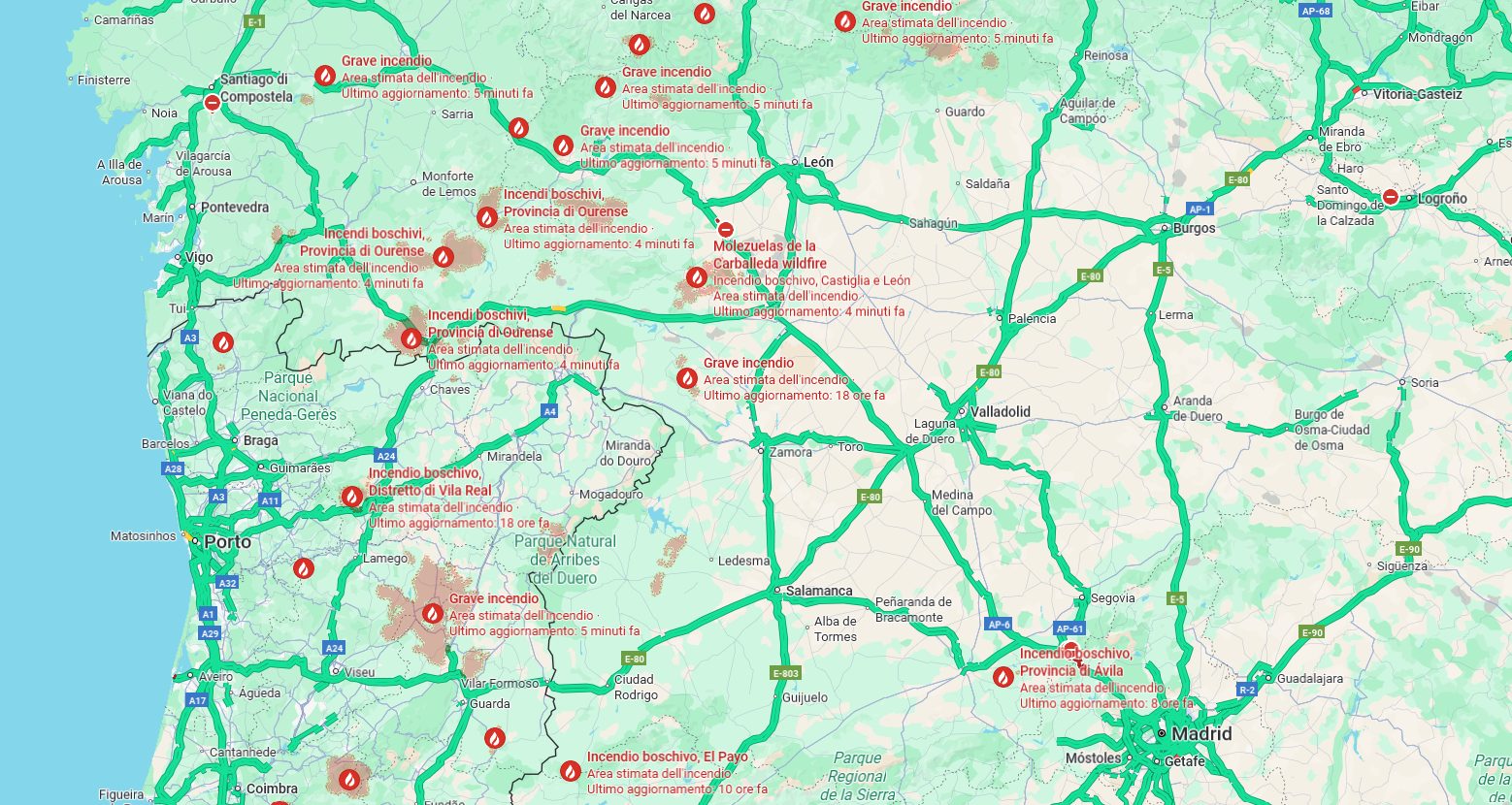 La mappa degli incendi attivi in Spagna