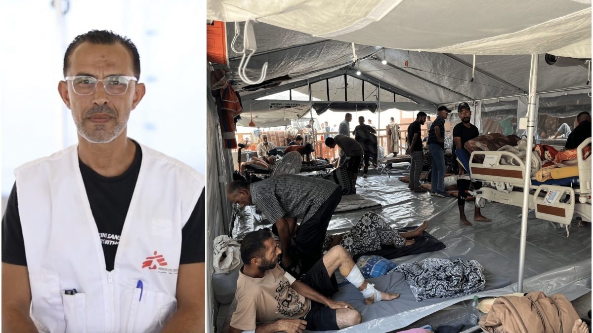 Il dottor Mohammed Abu Mughaisib e un’immagine del sovraffollamento dell’ospedale Nasser