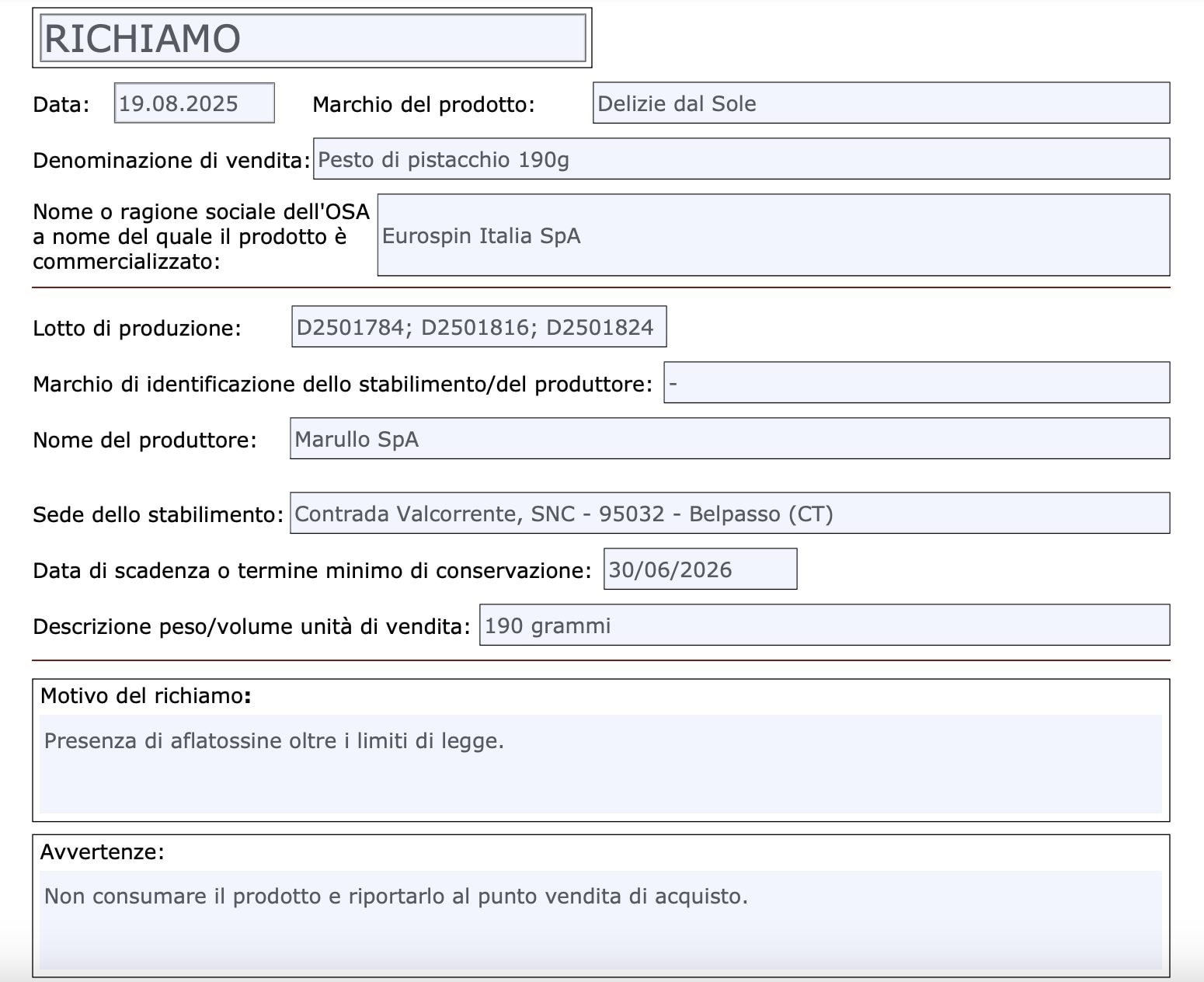 Il richiamo pubblicato sul sito del Ministero della Salute.