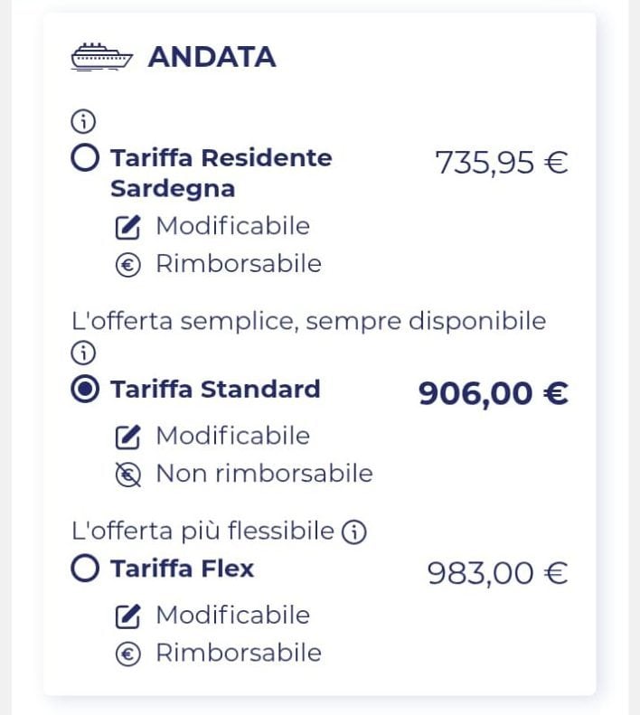 In tre con cabina il 25 agosto o il 26 agosto partendo dalla Sardegna fino alla Toscana costa centinaia di euro