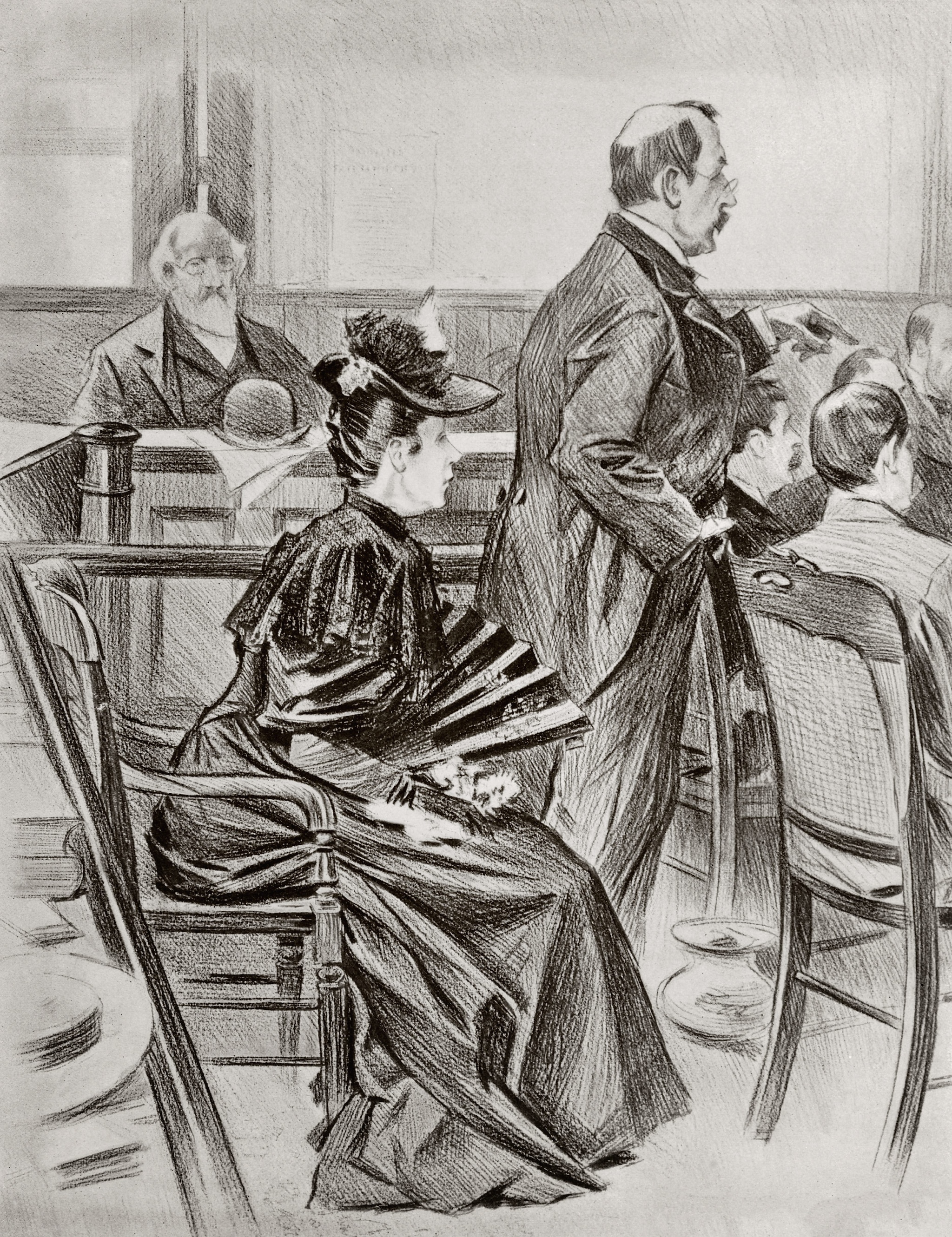 Un disegno realizzato durante il processo in cui si vedono Lizzie e il suo avvocato.