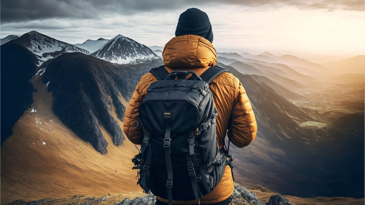 Escursionista in montagna con uno zaino da trekking