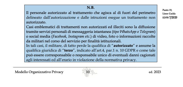 Stralcio del modello "Privacy" dell’Arma dei Carabinieri