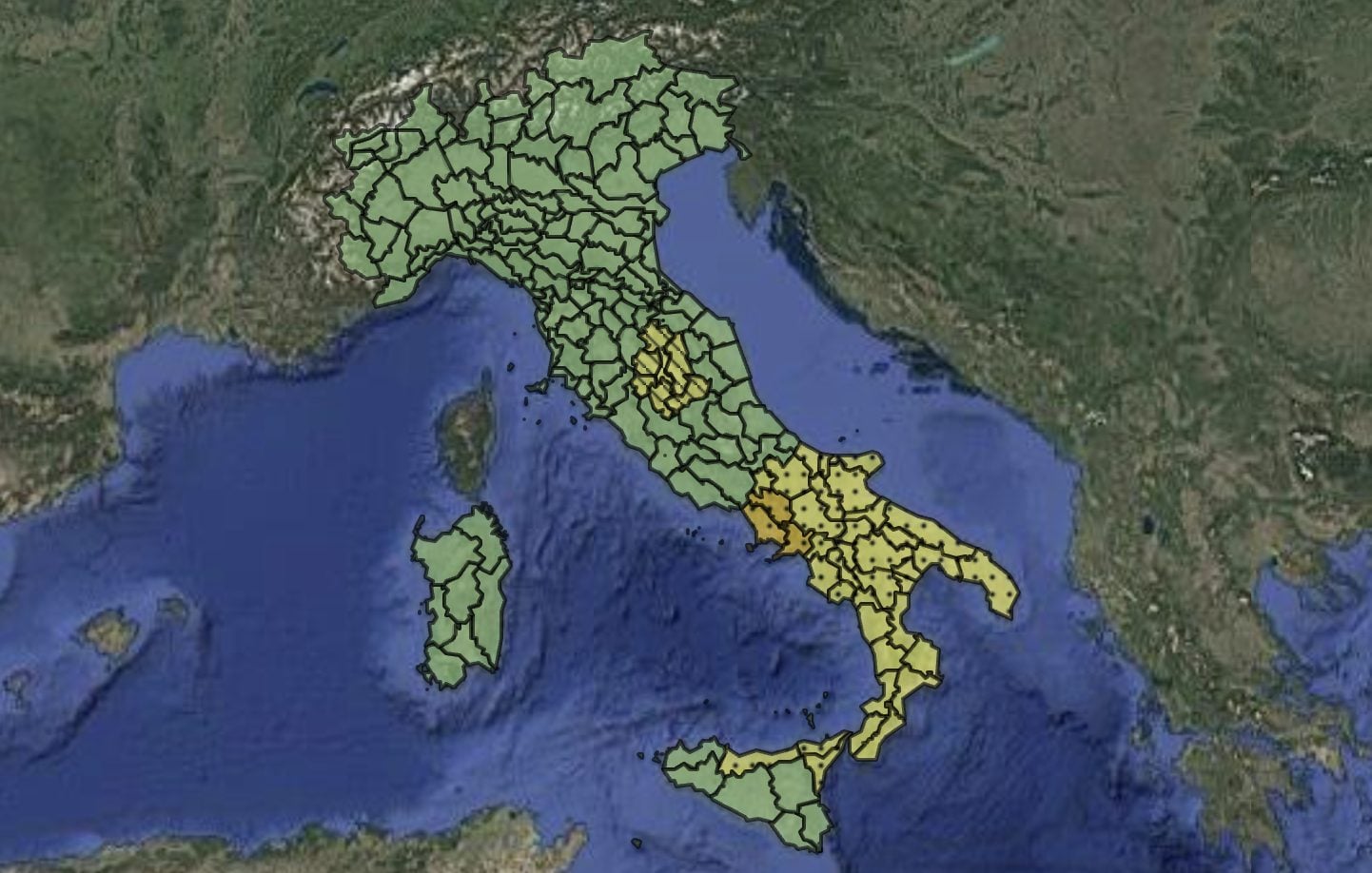 Le zone interessate dall’allerta meteo della Protezione Civile.