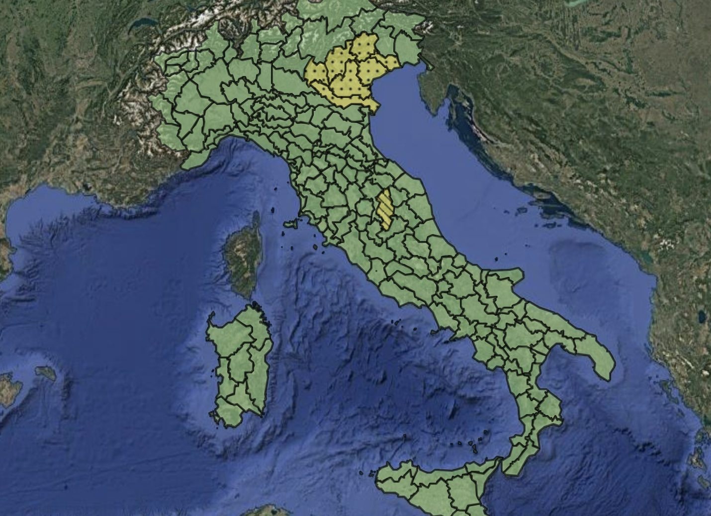 La mappa delle allerte meteo di domenica 14 settembre (Protezione civile).