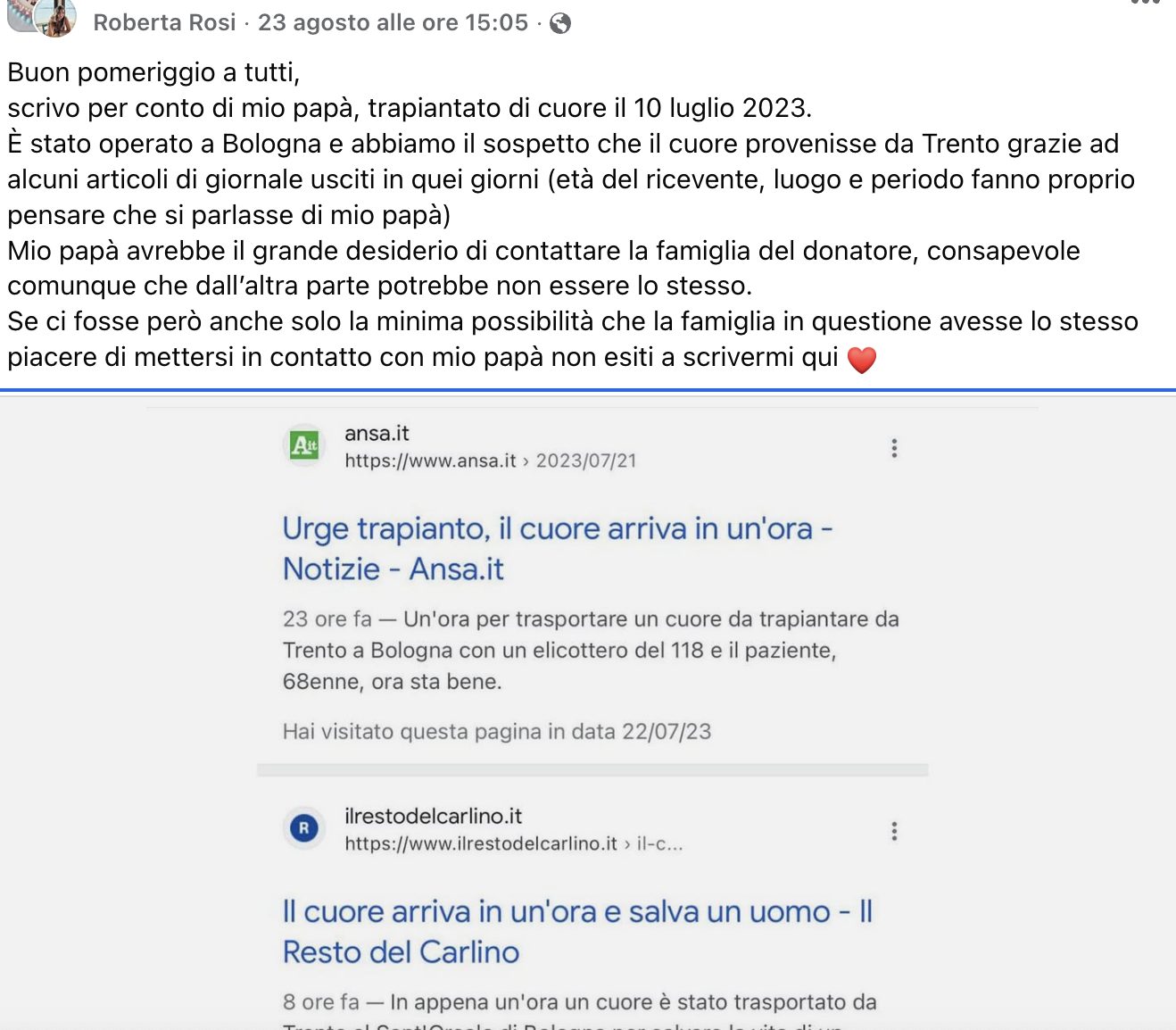 L’appello pubblicato da Roberta sui social, con gli articoli che hanno fatto pensare a lei e a suo papà che il cuore trapiantato sia arrivato da Trento.