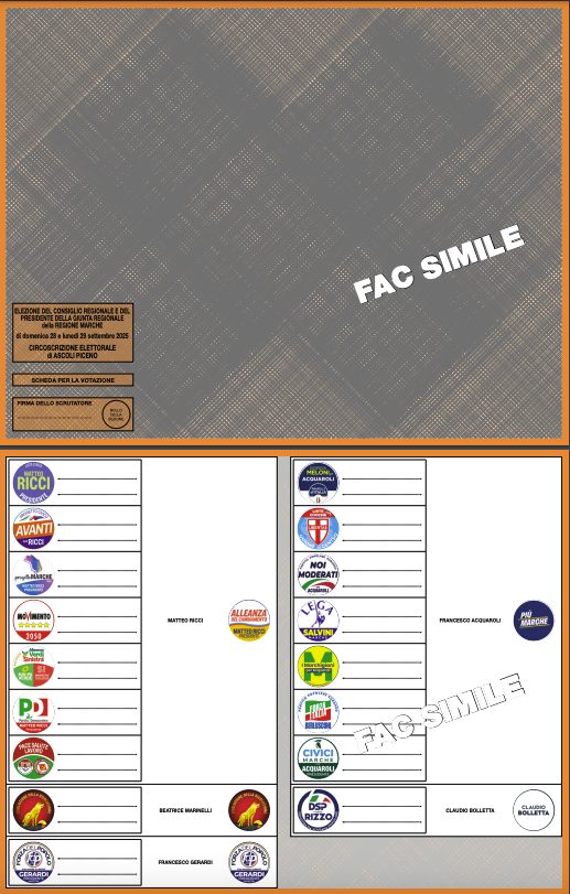 Faci simile della scheda elettorale nella circoscrizione di Ascoli Piceno