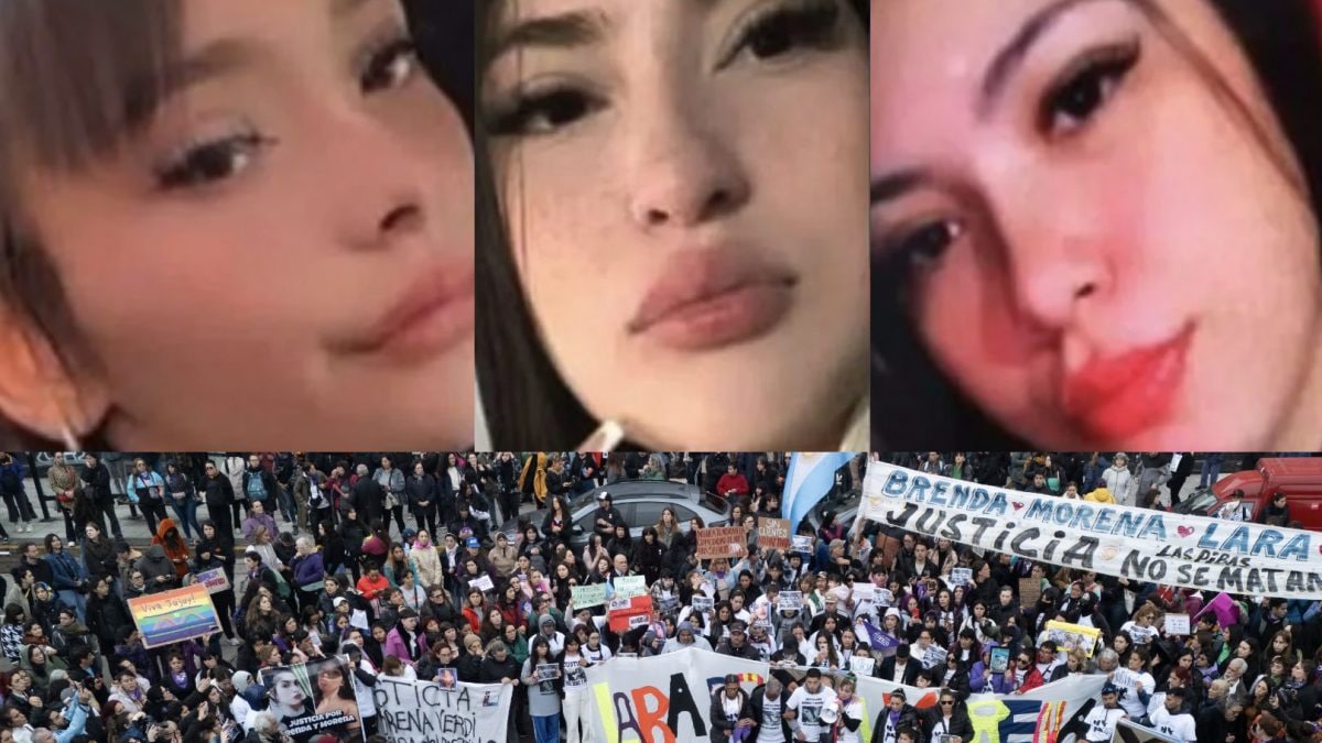 In alto, le tre ragazze uccise; in basso, i manifestanti in Argentina.