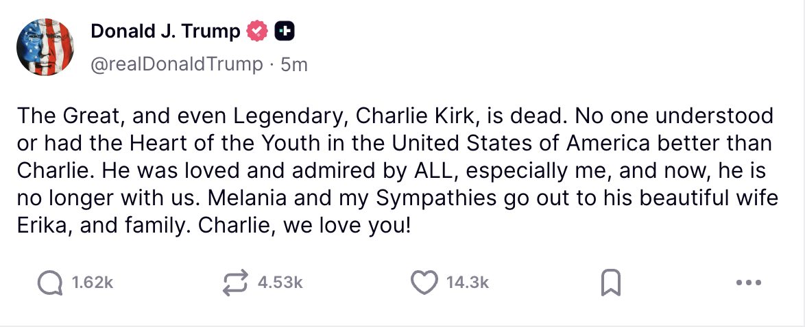 Il post con cui il presidente Trump ha annunciato la morte di Kirk.