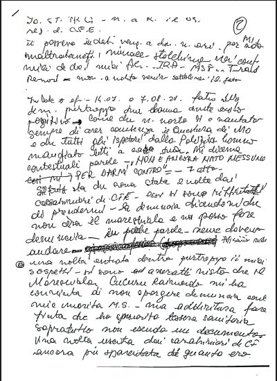 Una delle pagine del documento scritto a penna da Gabriela Trandafir pochi mesi prima del femminicidio