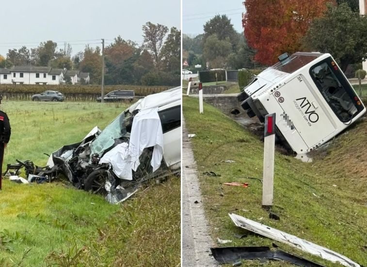 Bus scolastico si ribalta dopo lo scontro con un Suv: un morto e diversi studenti feriti a Oderzo