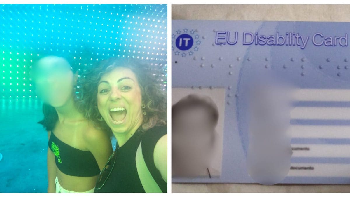 Simona Mafrici e la figlia a sinistra, a destra la copia della disability card