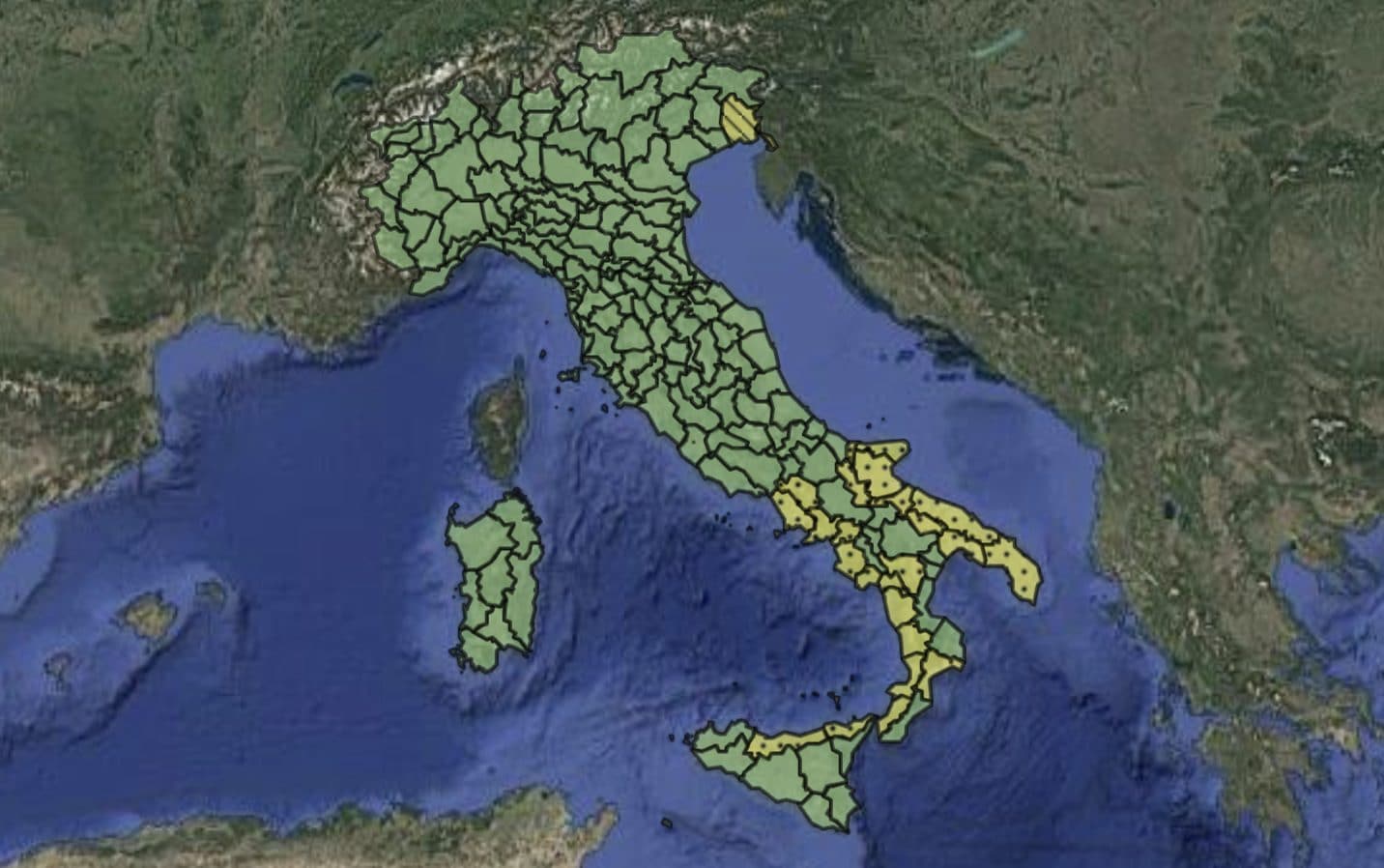 Le zone interessate domenica 5 ottobre 2025 dall’allerta gialla emessa dalla Protezione Civile.