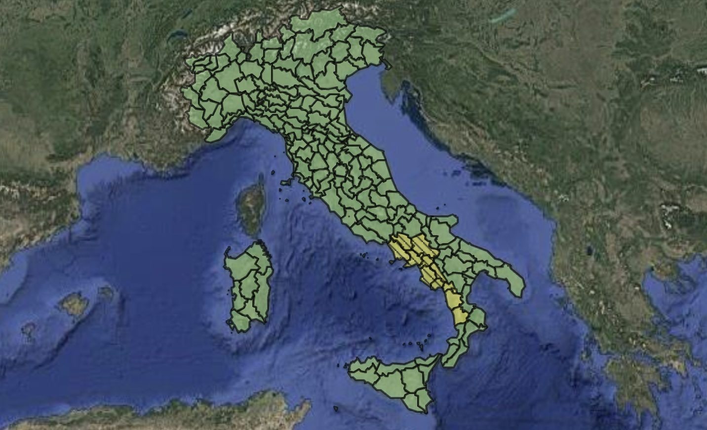 Le zone interessate dall’allerta meteo della Protezione Civile.