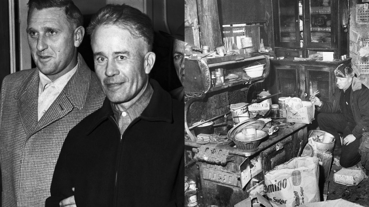 A sinistra, Ed Gein; a destra, la casa del serial killer dove sono stati trovati teschi e parti di corpi umani.