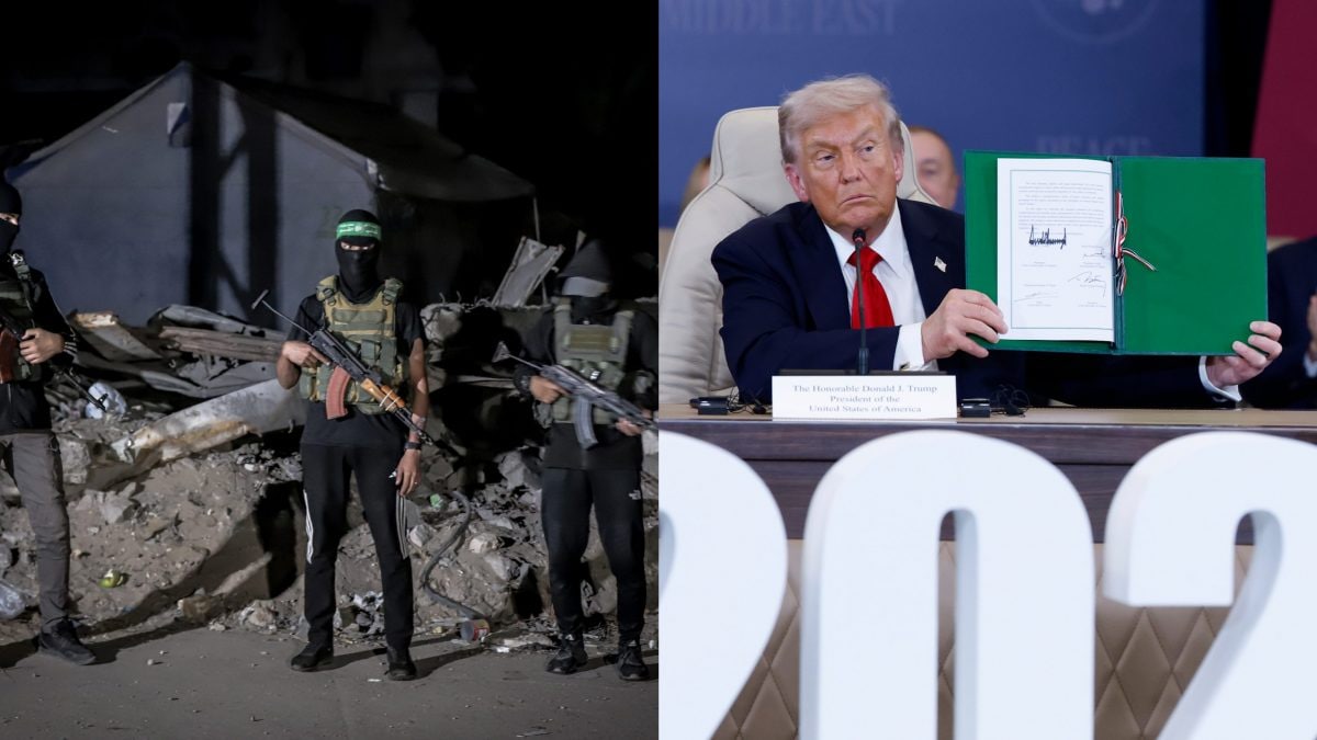 I miliziani di Hamas; il presidente degli Stati Uniti Donald Trump dopo la firma dell’accordo per la tregua a Gaza.