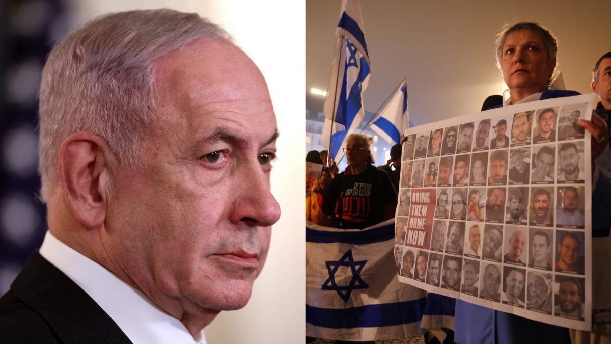 A sinistra, il premier israeliano Benjamin Netanyahu; a destra, manifestanti durante l’anniversario del 7 ottobre.