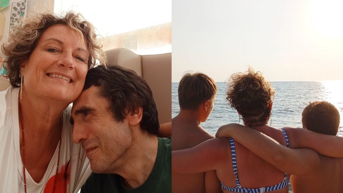 A sinistra, Michela Morutto e suo marito Paolo. A destra, Michela con i suoi due figli.