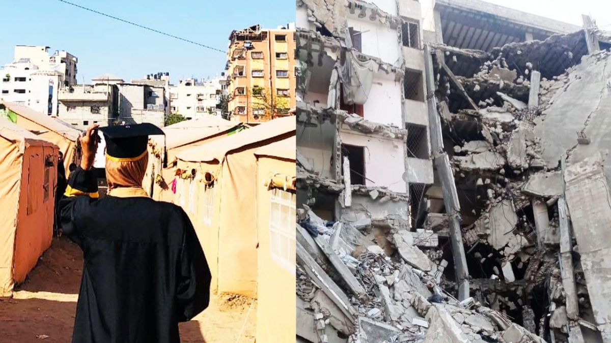 La studentessa il giorno del diploma e la sua casa in macerie