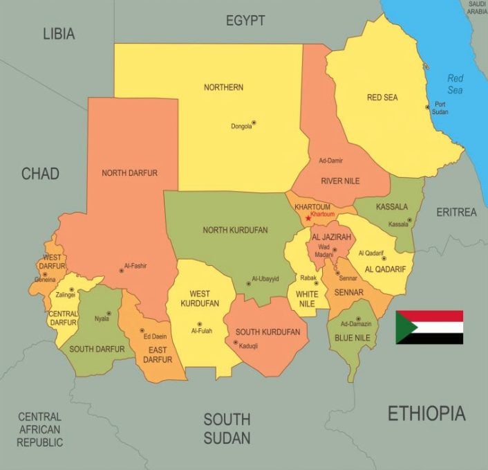 La mappa del Sudan con le relative regioni